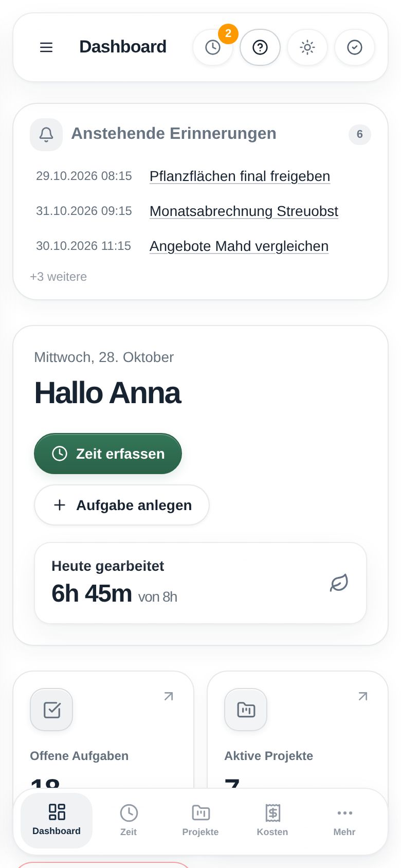 LPV Admin auf dem Smartphone: Dashboard mit Navigation im Daumenbereich